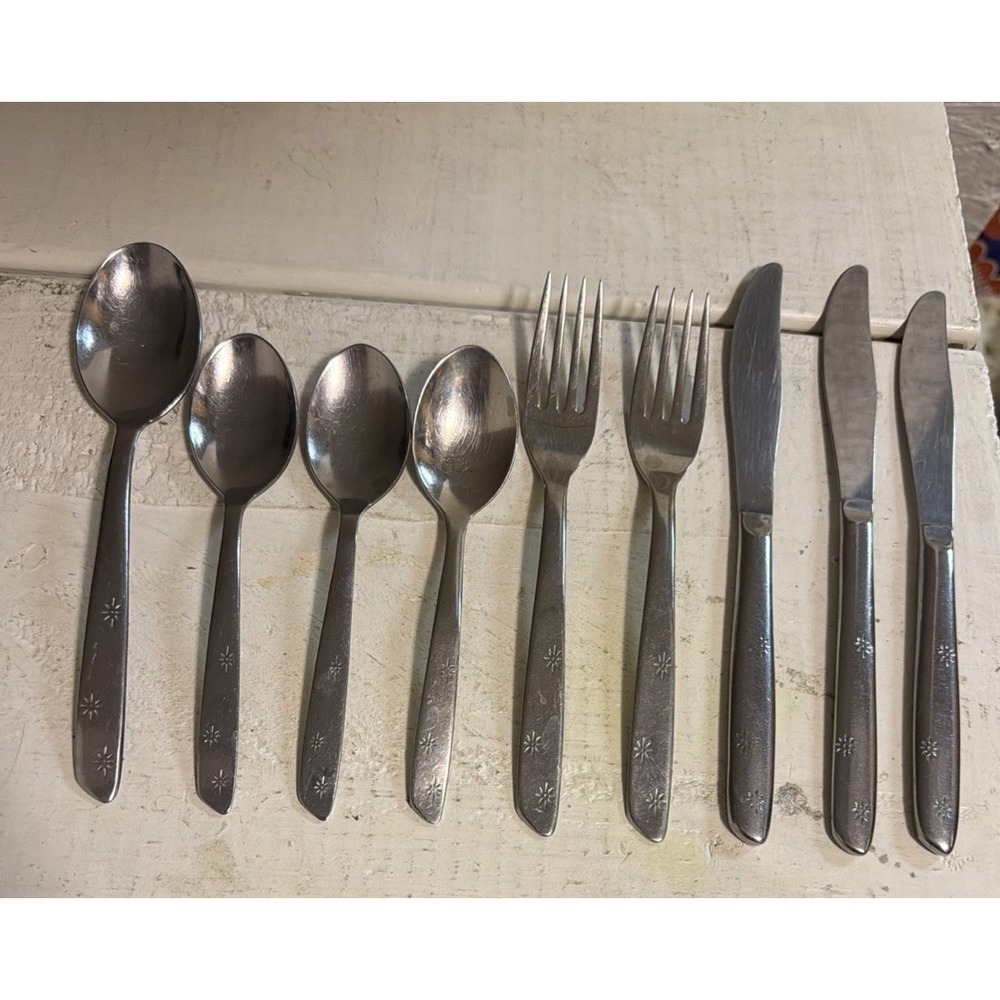 Set of 9 Superior NIGHT SKY pattern stainless Flatware Spoons Knives Forks